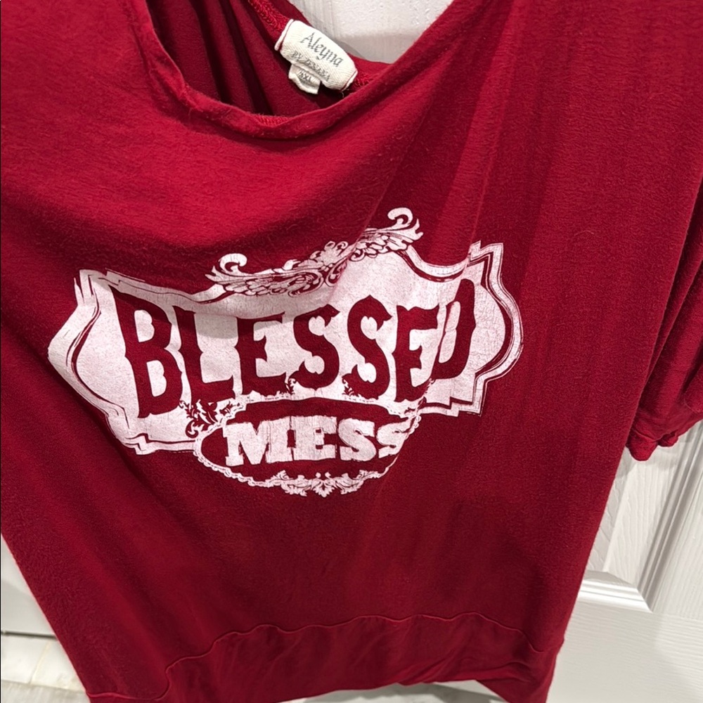 Red Blessed Mess Graphic Tee butterfly sleeves neckline will hang slightly off
